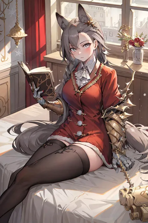 (masterpiece, best quality:1.2), absurdres, highres, illustration,
penance-v1, 1girl, solo, animal ears,(santa costume:1.3), thighhighs, wolf girl, looking at viewer, single gauntlet, holding book, wolf ears, black thighhighs,( long hair:1.1),
indoors, sitting on bed , soft lighting ,
<lora:penance-000024:0.7>