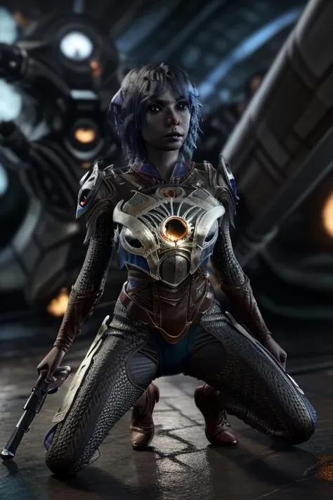 photo of Flooreena woman crouching at the bow of a starship, firefly, serenity, detailed face, ((action pose)), ((holding a futuristic gun)), highest quality, cinematic lighting, (volumetric lighting), extremely detailed CG unity 8k wallpaper, focused, 8k wallpaper, <lora:LowRA:0.7>, <lora:Flooreena-15:1>,