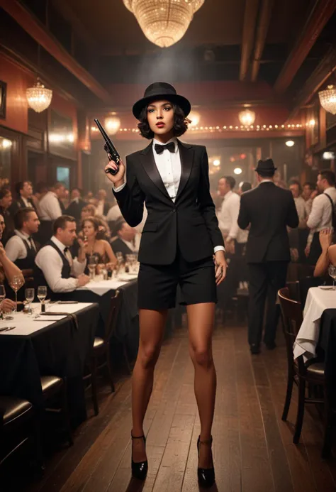 ((fashion photography)), perfect face, perfect eyes, (medium full shot) of  (desirable gangster) young woman, spanish, brown eyes, tan skin, lithe, wearing a black  wide-lapelled suit, trilby hat, black leather shoes, dark hair, bow tie, holding a sawed-off shotgun, set in the year 1920, in  a lively nightclub, featuring a grand stage with a jazz singer, tables with crisp white linens, and a sea of patrons enjoying the high-energy atmosphere, surprised, open mouth, running toward the viewer, masterpiece, best quality, photorealistic, very aesthetic