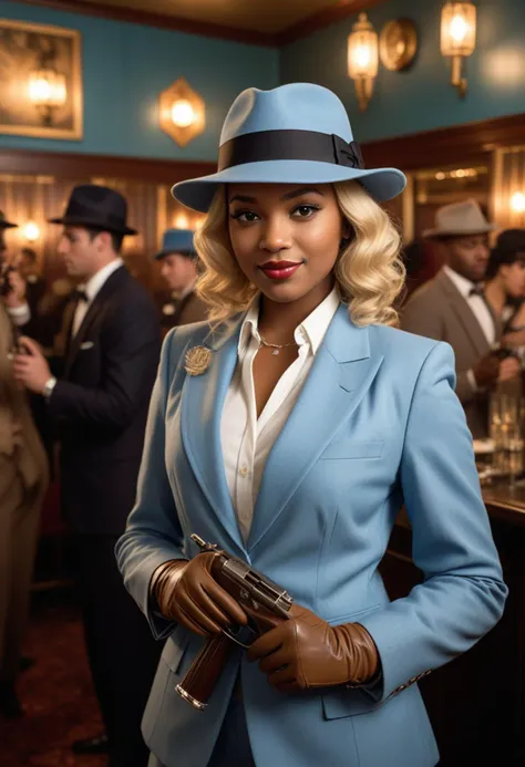 ((fashion photography)), perfect face, perfect eyes, (medium full shot) of  (desirable gangster) young woman, african american, brown eyes, dark skin, full-figured, wearing a light blue  tailored suit, trilby hat, polished oxfords, blonde hair, leather gloves, holding a sawed-off shotgun, set in the year 1920, in  a ritzy nightclub, with art deco design elements, a well-dressed crowd, and the vibrant sounds of a jazz band filling the air, creating a scene of sophisticated revelry, smiling at the viewer, masterpiece, best quality, photorealistic, very aesthetic