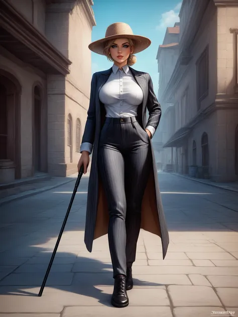 core_9, score_8_up, score_7_up, score_6_up, score_5_up, score_4_up, top, hyperdetailed, source_anime, 1girl, gangster from the year 1920, wearing a pinstripe waistcoat and trousers, felt hat, black leather shoes, walking cane, large breasts, saggy breasts, hourglass figure, curvy, Realistic Lighting, volumetric lighting