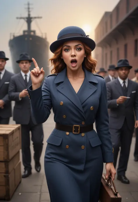 (medium full shot) of  (sexy gangster) young woman,spanish, brown eyes, tan skin, curvy,             wearing a blue  wide-lapelled suit, bowler hat, black dress shoes, ginger hair, pocket watch, holding a trench knife , surprised, open mouth, pointing her finger at the viewer,  set in the year 1920, in  a busy dock, with workers unloading cargo, crates being moved, and the salty air filled with the sounds of maritime activity, at sunset, Masterpiece,best quality, photorealistic, amazing quality, very aesthetic, extremely detailed face,