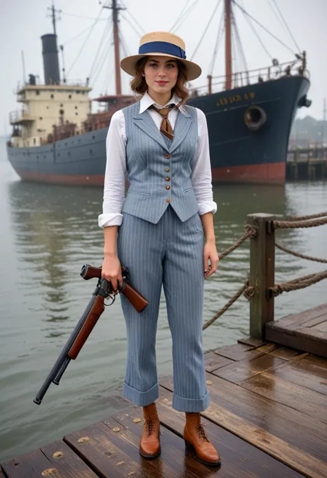 (medium full shot) of (desirable gangster) young woman,american, hazel eyes, light tan skin, athletic build, wearing a light blue pinstripe vest and trousers, felt hat, spectator shoes, brown hair, silk tie, holding a sawed-off shotgun, smiling at the viewer, set in the year 1920, in a foggy dock, with ships moored at the pier, the sound of waves lapping against the hulls, and the distant call of a foghorn, Masterpiece,best quality, photorealistic, amazing quality, very aesthetic, extremely detailed face,