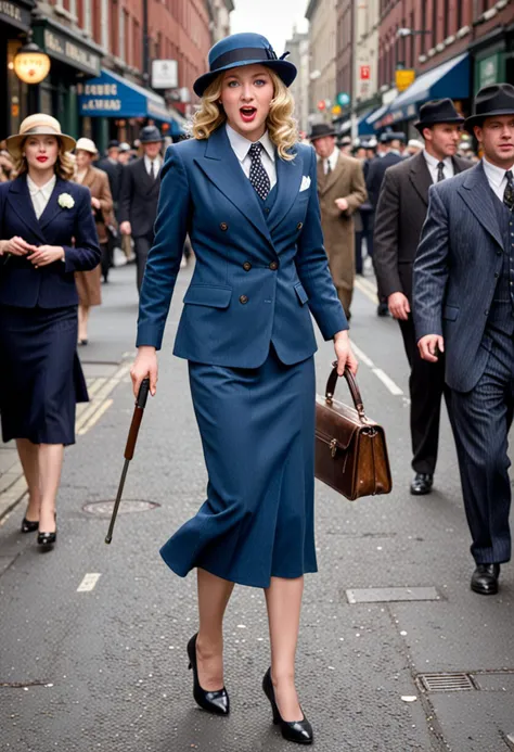(medium full shot) of (bonnie gangster) young woman,irish, blue eyes, fair skin, curvy, wearing a blue double-breasted suit, trilby hat, patent leather shoes, blonde hair, walking cane, holding a Tommy gun, laughing, jumping in the air, set in the year 1920, in a busy street corner, where newsboys shout headlines, people gather in small groups for lively conversations, and the buzz of city life in the 1920s is palpable, at night, Masterpiece,best quality, photorealistic, amazing quality, very aesthetic, extremely detailed face,