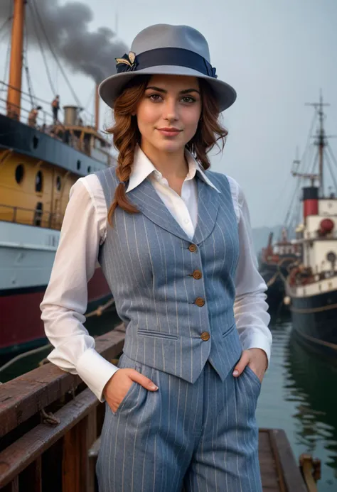 (medium full shot) of (desirable gangster) young woman,italian, hazel eyes, tan skin, medium build,             wearing a light blue  pinstripe vest and trousers, felt hat, two-tone shoes, brown hair, cigar, holding a snub-nose revolver, smiling at the viewer,  set in the year 1920, in  a foggy dock, with ships moored at the pier, the sound of waves lapping against the hulls, and the distant call of a foghorn, at sunset, Masterpiece,best quality, photorealistic, amazing quality, very aesthetic, extremely detailed face,