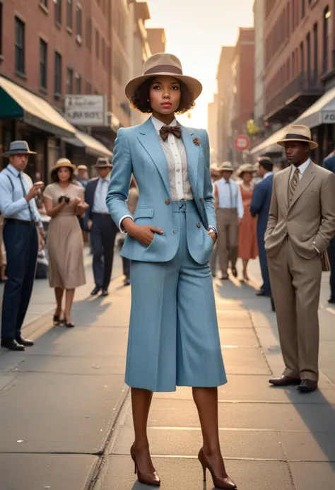 ((fashion photography)), perfect face, perfect eyes, (medium full shot) of  (supermodel gangster) young woman, african american, brown eyes, dark skin, busty, wearing a light blue  tweed suit, panama hat, spectator shoes, brown hair, bow tie, holding a snub-nose revolver, set in the year 1920, in  a busy street corner, where newsboys shout headlines, people gather in small groups for lively conversations, and the buzz of city life in the 1920s is palpable, at sunset, laughing, jumping in the air, masterpiece, best quality, photorealistic, very aesthetic