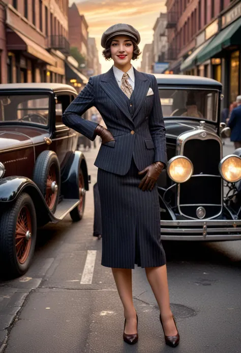 (medium full shot) of (lovely gangster) young woman,spanish, brown eyes, tan skin, curvy, wearing a pinstripe three-piece suit, flat cap, two-tone shoes, dark hair, leather gloves, holding a brass knuckles, smiling at the viewer, set in the year 1920, in a bustling 1920s street, lined with vintage cars, men in tailored suits and fedoras, women in flapper dresses, and the occasional police officer keeping a watchful eye, at sunset, Masterpiece,best quality, photorealistic, amazing quality, very aesthetic, extremely detailed face,