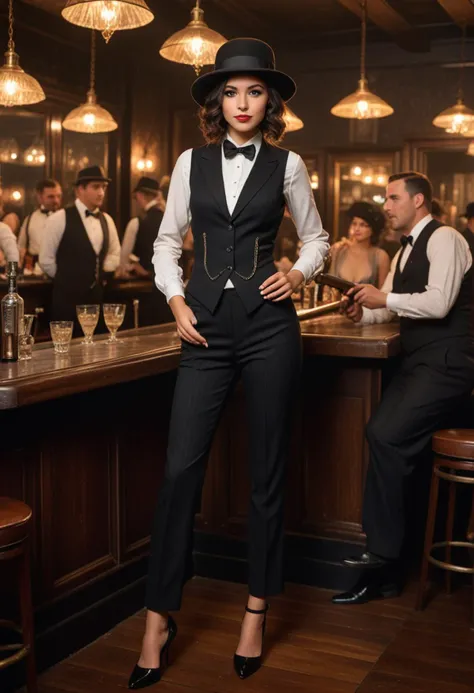 ((fashion photography)), perfect face, perfect eyes, (medium full shot) of (lovely gangster) young woman, spanish, brown eyes, tan skin, slim, wearing a black waistcoat and trousers, panama hat, patent leather shoes, dark hair, cigar, holding a sawed-off shotgun, set in the year 1920, in an exclusive nightclub, with a stylish bar serving prohibition-era cocktails, guests in black-tie attire, and the electric energy of the roaring twenties in full swing, at night, smiling at the viewer, masterpiece, best quality, photorealistic, very aesthetic