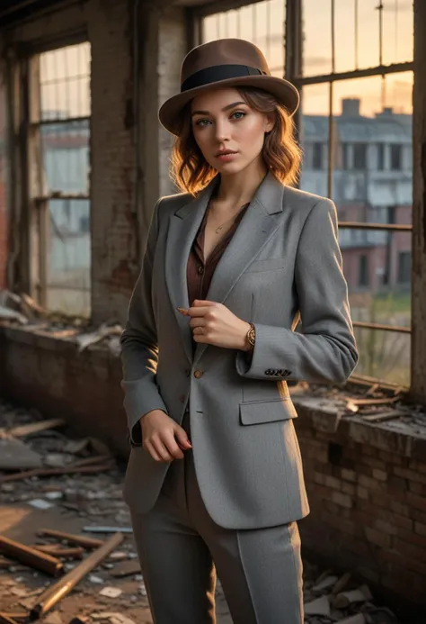 ((fashion photography)), perfect face, perfect eyes, (medium full shot) of  (lovely gangster) young woman, french, green eyes, light skin, lithe, wearing a gray  wool suit, homburg hat, two-tone shoes, brown hair, cigar, holding a brass knuckles, set in the year 1920, in  an abandoned warehouse, with broken windows, scattered debris, and a sense of secrecy and danger in the air, at sunset, laughing, arms crossed, masterpiece, best quality, photorealistic, very aesthetic