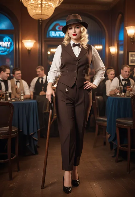 ((fashion photography)), perfect face, perfect eyes, (medium full shot) of (vivacious gangster) young woman, polish, blue eyes, fair skin, full-figured, wearing a dark brown waistcoat and trousers, panama hat, patent leather shoes, blonde hair, walking cane, holding a Tommy gun, set in the year 1920, in a ritzy nightclub, with art deco design elements, a well-dressed crowd, and the vibrant sounds of a jazz band filling the air, creating a scene of sophisticated revelry, smiling at the viewer, masterpiece, best quality, photorealistic, very aesthetic