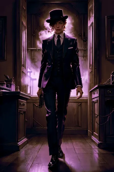 masterpiece, (realistic:1.5), cinematic light,  worldofshadows, (vivacious gangster) young woman, italian, hazel eyes, tan skin, willowy build, wearing a deep burgundy  silk-lined suit, bowler hat, black leather shoes, ginger hair, cigar, holding a Tommy gun, set in the year 1920, in a shadowy office, with thick curtains drawn, a desk lamp casting a warm glow, and the feeling of important but clandestine work being conducted  , at night,  <lora:WorldOfShadows1.0:1.25>