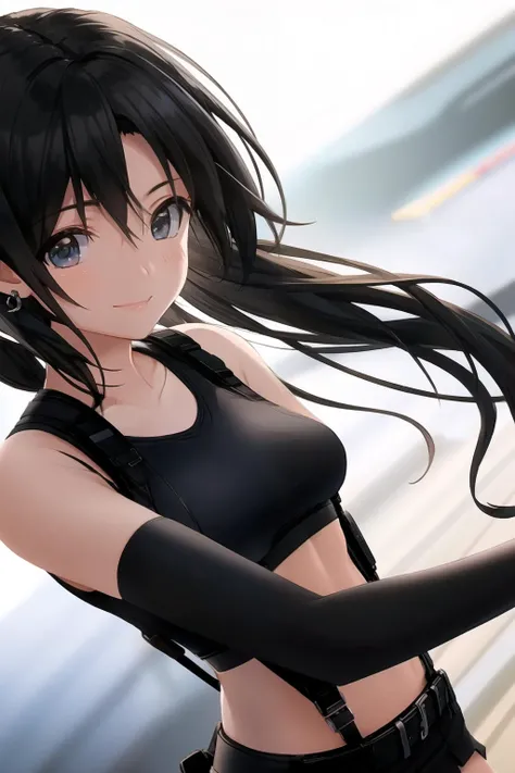 tifa_4900, (very detailed background:1.0), (highly detailed background:1.0), masterpiece, best quality, (1girl), solo, (girl:1.2), long hair, crossed arms, highway, cars, motion blur, motor vehicles, vehicles, chromatic aberration, depth of field, soft lighting, (highly detailed face), (highly detailed eyes), smile