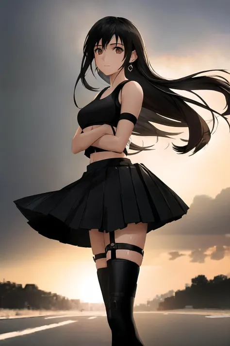 tifa_4900, (very detailed background:1.0), (highly detailed background:1.0), masterpiece, best quality, (1girl), solo, (girl:1.2), long hair, crossed arms, highway, cars, motion blur, motor vehicles, vehicles, chromatic aberration, depth of field, soft lighting, (highly detailed eyes), highly detailed face
