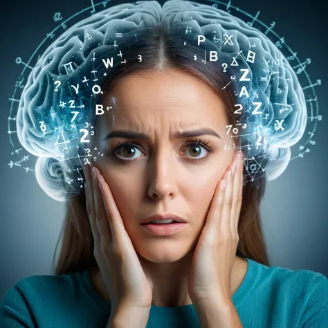 dvr-wwyt, a scared looking woman thinking of mathematical formulas , double exposure, hands on cheeks