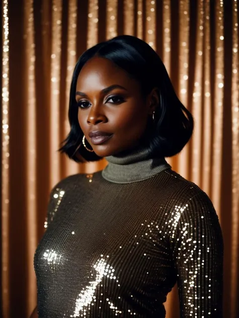 a character photo portrait of a Barbadian woman with brunette hair Wearing a modern, cut-out turtleneck sweater with a sequined midi skirt., unsplash, light and space, dramatic light on face, realistic face moody lighting, light falling on face