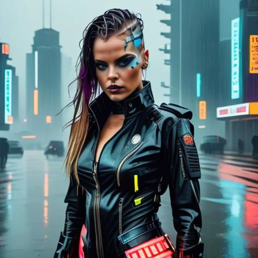 medium shot of Cybergirl, military punk style, wet hair, dark rainy smoggy Cyberpunk cityscape