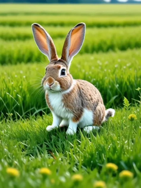 Rabbit's gentle hop, In a field of green delight, Ears like velvet sails, a portrait