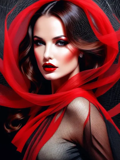 Femme fatale's red lips, Beauty veiling a sharp mind, Web of intrigue spun, digital art