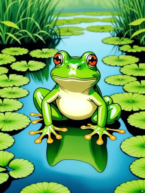 Frog prince's green gaze, Wishes float on pond's still face, Magic's subtle leap, a manga drawing