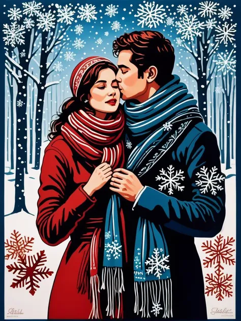 Snowflakes kiss their cheeks, Wrapped in scarves,  hands holding tight, Winter's cozy bond, a silk screen