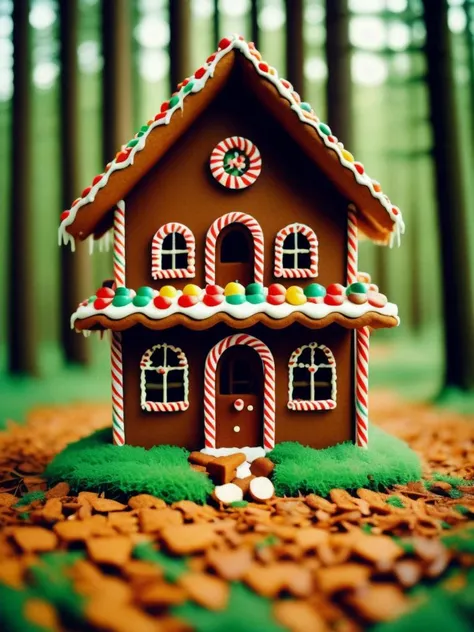 analog style color photo, Gingerbread house stands, Sweet lure in the forest deep, Innocence's test, film grain