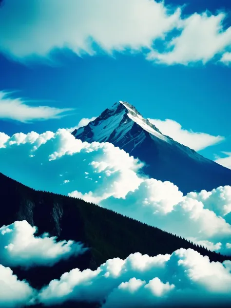 analog style color photo, Mountain's silent peak, Clouds drift in the azure sky, Eagle soars above, film grain