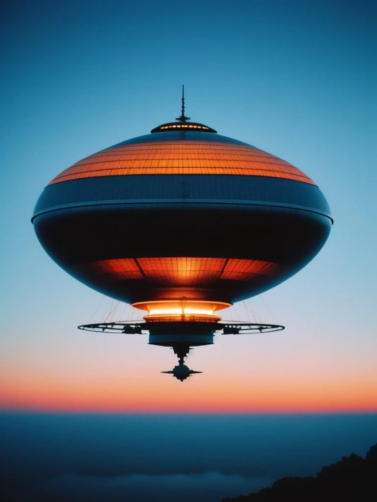 analog style color photo, Glimmering spacecraft, Hovering in twilight mist, Silent observer, film grain