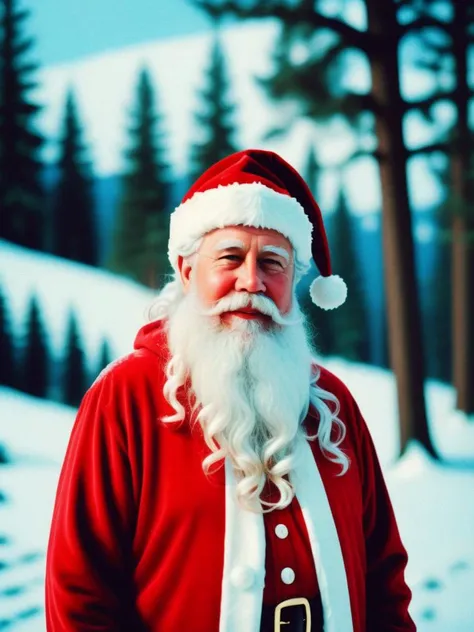 analog style color photo of santa claus, snowy background, fairy lights, festive, film grain