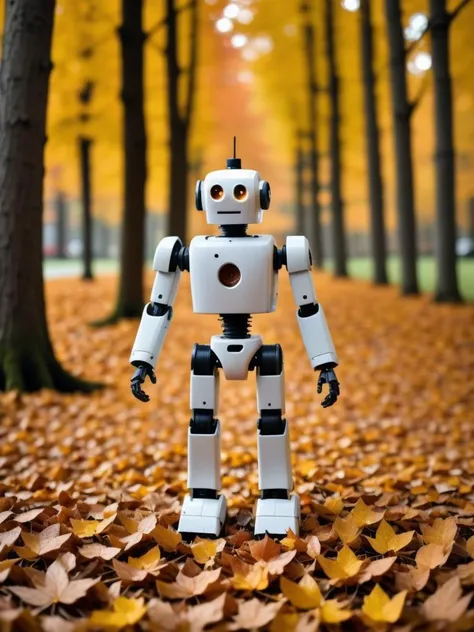 Lonely robot stands, Amongst autumn's fallen leaves, Time's relentless march, a macro photograph