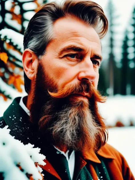 analog style color photo, Beard like autumn brush, Speckled with wisdom's white snow, Nature's slow painting, film grain