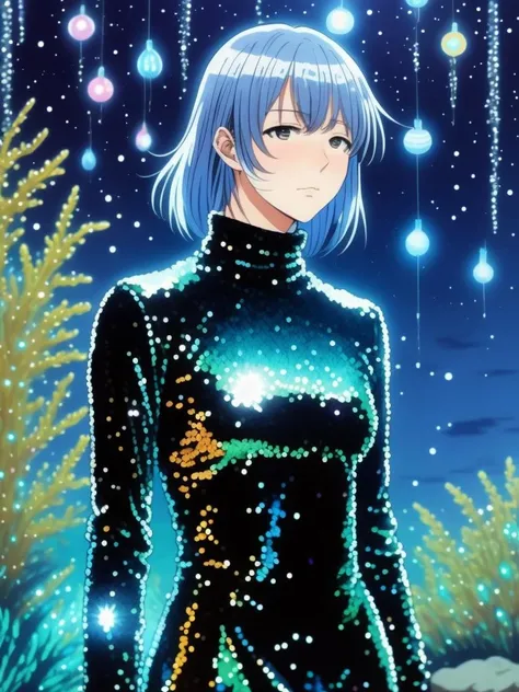 anime manga portrait of a man Dressed in a high-neck, long-sleeved sequin mini dress with a playful fringe hem Bioluminescent organisms, glowing life, natural light show, mesmerizing display, nocturnal wonder