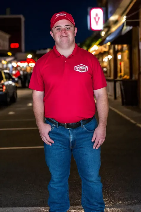medium shot, <lora:Chromosome_1.5:0.8>, realistic photo of a down syndrome adult male, short, wearing a jersey, wearing jeans, wearing a red cap, standing outside a bar, night time, city lights, looking at viewer, (sharp focus, highly detailed, 4k, 8k, best quality, masterpiece, ultra highres:1)