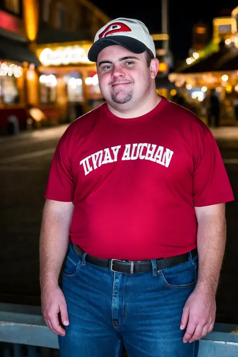 close up shot, <lora:Chromosome_1.5:0.8>, realistic photo of a down syndrome adult male, short, wearing a jersey, wearing jeans, wearing a red cap, standing outside a bar, night time, city lights, looking at viewer, (sharp focus, highly detailed, 4k, 8k, best quality, masterpiece, ultra highres:1)