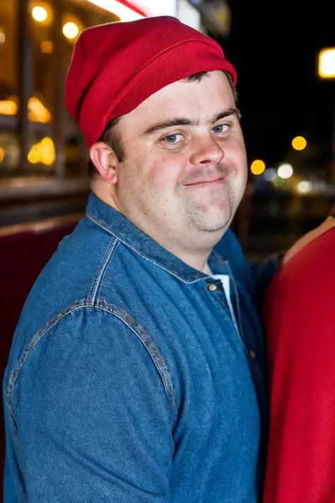 close up shot, <lora:Chromosome_1.5:0.8>, realistic photo of a down syndrome adult male, short, wearing a jersey, wearing jeans, wearing a red cap, standing outside a bar, night time, city lights, looking at viewer, (sharp focus, highly detailed, 4k, 8k, best quality, masterpiece, ultra highres:1)