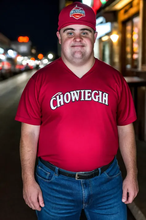 medium close up shot, <lora:Chromosome_1.5:0.8>, realistic photo of a down syndrome adult male, short, wearing a jersey, wearing jeans, wearing a red cap, standing outside a bar, night time, city lights, looking at viewer, (sharp focus, highly detailed, 4k, 8k, best quality, masterpiece, ultra highres:1)