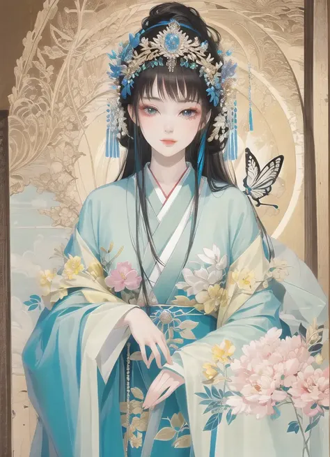 masterpiece, high quality,1girl,looking at viewer,east asian architecture,moon,butterfly, upper body, <lora:AncientCustomsStyle_Highface:0.9>