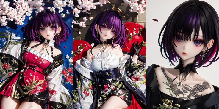 highly insanely detailed, masterpiece, top quality, best quality, highres, 4k, 8k, RAW photo, (very aesthetic, beautiful and aesthetic), looking at viewer, upper body, <lora:female_portrait:1>, tatoo, fashion, cool, makeup, bare shoulders, bangs, short hair, necklace, indoors, (purple hair:1.35), blue rose,
__lazy-wildcards/dataset/background-color__,
(flower, falling petals, petals on liquid, petals, cherry blossom:0.8),
âââ