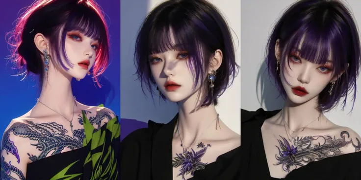 highly insanely detailed, masterpiece, top quality, best quality, highres, 4k, 8k, RAW photo, (very aesthetic, beautiful and aesthetic), looking at viewer, upper body, <lora:female_portrait:1>, tatoo, fashion, cool, makeup, bare shoulders, bangs, short hair, necklace, indoors, (purple hair:1.35), blue rose,
__lazy-wildcards/dataset/background-color__,
(flower, falling petals, petals on liquid, petals, cherry blossom:0.8),
âââ