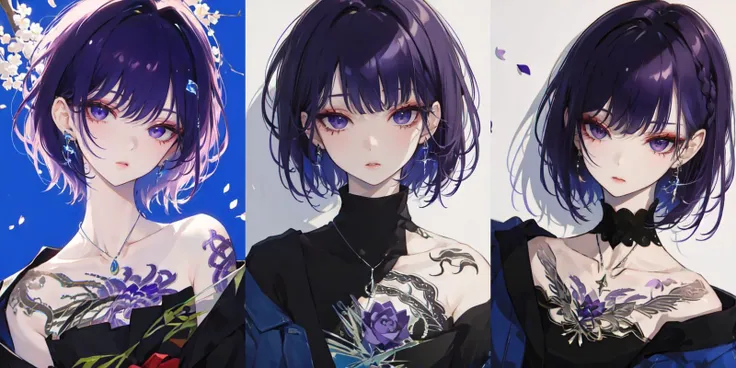 highly insanely detailed, masterpiece, top quality, best quality, highres, 4k, 8k, RAW photo, (very aesthetic, beautiful and aesthetic), looking at viewer, upper body, <lora:female_portrait:1>, tatoo, fashion, cool, makeup, bare shoulders, bangs, short hair, necklace, indoors, (purple hair:1.35), blue rose,
__lazy-wildcards/dataset/background-color__,
(flower, falling petals, petals on liquid, petals, cherry blossom:0.8),
âââ