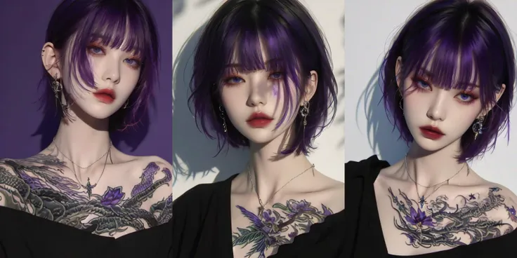 highly insanely detailed, masterpiece, top quality, best quality, highres, 4k, 8k, RAW photo, (very aesthetic, beautiful and aesthetic), looking at viewer, upper body, <lora:female_portrait:1>, tatoo, fashion, cool, makeup, bare shoulders, bangs, short hair, necklace, indoors, (purple hair:1.35), blue rose,
__lazy-wildcards/dataset/background-color__,
(flower, falling petals, petals on liquid, petals, cherry blossom:0.8),
âââ