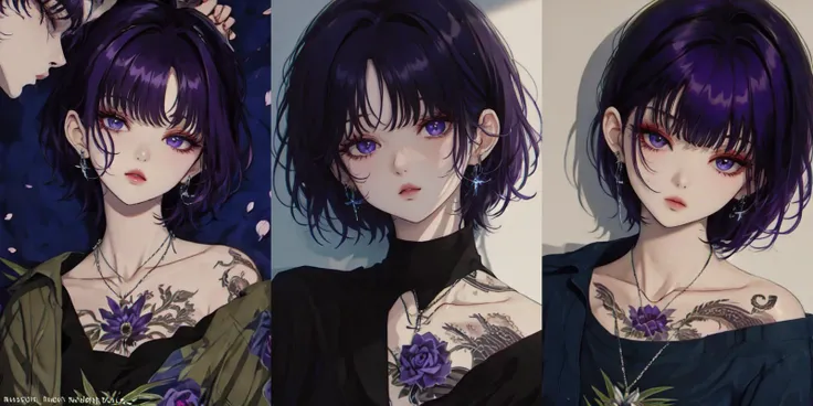 highly insanely detailed, masterpiece, top quality, best quality, highres, 4k, 8k, RAW photo, (very aesthetic, beautiful and aesthetic), looking at viewer, upper body, <lora:female_portrait:1>, tatoo, fashion, cool, makeup, bare shoulders, bangs, short hair, necklace, indoors, (purple hair:1.35), blue rose,
__lazy-wildcards/dataset/background-color__,
(flower, falling petals, petals on liquid, petals, cherry blossom:0.8),
âââ