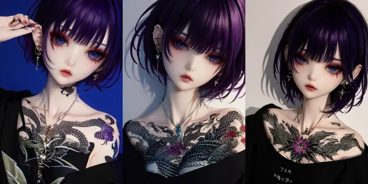 highly insanely detailed, masterpiece, top quality, best quality, highres, 4k, 8k, RAW photo, (very aesthetic, beautiful and aesthetic), looking at viewer, upper body, <lora:female_portrait:1>, tatoo, fashion, cool, makeup, bare shoulders, bangs, short hair, necklace, indoors, (purple hair:1.35), blue rose,
__lazy-wildcards/dataset/background-color__,
(flower, falling petals, petals on liquid, petals, cherry blossom:0.8),
âââ