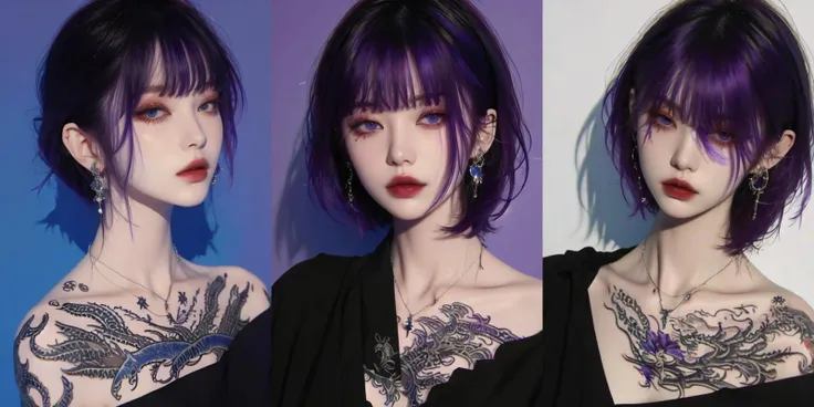 highly insanely detailed, masterpiece, top quality, best quality, highres, 4k, 8k, RAW photo, (very aesthetic, beautiful and aesthetic), looking at viewer, upper body, <lora:female_portrait:1>, tatoo, fashion, cool, makeup, bare shoulders, bangs, short hair, necklace, indoors, (purple hair:1.35), blue rose,
__lazy-wildcards/dataset/background-color__,
(flower, falling petals, petals on liquid, petals, cherry blossom:0.8),
âââ