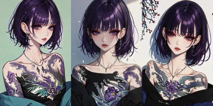 highly insanely detailed, masterpiece, top quality, best quality, highres, 4k, 8k, RAW photo, (very aesthetic, beautiful and aesthetic), looking at viewer, upper body, <lora:female_portrait:1>, tatoo, fashion, cool, makeup, bare shoulders, bangs, short hair, necklace, indoors, (purple hair:1.35), blue rose,
__lazy-wildcards/dataset/background-color__,
(flower, falling petals, petals on liquid, petals, cherry blossom:0.8),
âââ