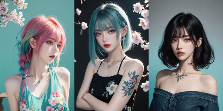 highly insanely detailed, masterpiece, top quality, best quality, highres, 4k, 8k, RAW photo, (very aesthetic, beautiful and aesthetic), looking at viewer, upper body, <lora:female_portrait:0.3>, tatoo, fashion, cool, makeup, bare shoulders, bangs, short hair, necklace, indoors, blue rose,
__lazy-wildcards/costume/color-theme__,
__lazy-wildcards/prompts/hair__,
__lazy-wildcards/dataset/background-color__,
(flower, falling petals, petals on liquid, petals, cherry blossom:0.8),
âââ
