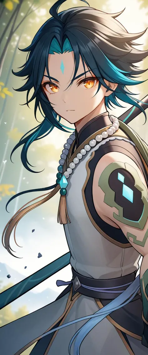 best quality, high quality, masterpiece, absurdres, incredibly detailed, UHD, realistic,
BREAK
(\xiao\),1boy,solo,male focus,jewelry,beads,bead necklace,ahoge,bangs,tassel,mystical, mask, intense combat, solitude, Liyue, mountains, mist, forest, spear, warrior, strength, determination, <lora:Xiaox_xl:0.8>,
BREAK
Xiao from Genshin Impact is depicted with his characteristic green hair and pointed ears, along with his mystical mask. His intense combat style and long solitary life are reflected in his cold expression, yet his eyes harbor deep emotions. Behind him, the mountains and mist-enshrouded forests of his homeland, Liyue, stretch out, emphasizing his mysterious and solitary nature. He is holding his powerful weapon, a spear, conveying his strength and determination as a warrior,
BREAK
rich color palette, vivid colors, natural color grading, Sophisticated Color Scheme, Saturated Colors, Complex Color Layering, Evocative Color Schemes, Luxurious Color Palette, sharp contrast, digital painting quality, Advanced Digital Techniques, cinematic quality, Dynamic Lighting, Enhanced Lighting Effects, subtle shadows, Complex Shading, Immersive Depth, Advanced Rendering, High-End Artistic Rendering, Elegant Composition, Cinematic Composition and Framing, Dynamic Lighting, Depth of Field, Depth and Perspective, dynamic angle, Gallery-Worthy Visuals, Artistic Depth and Dimension,