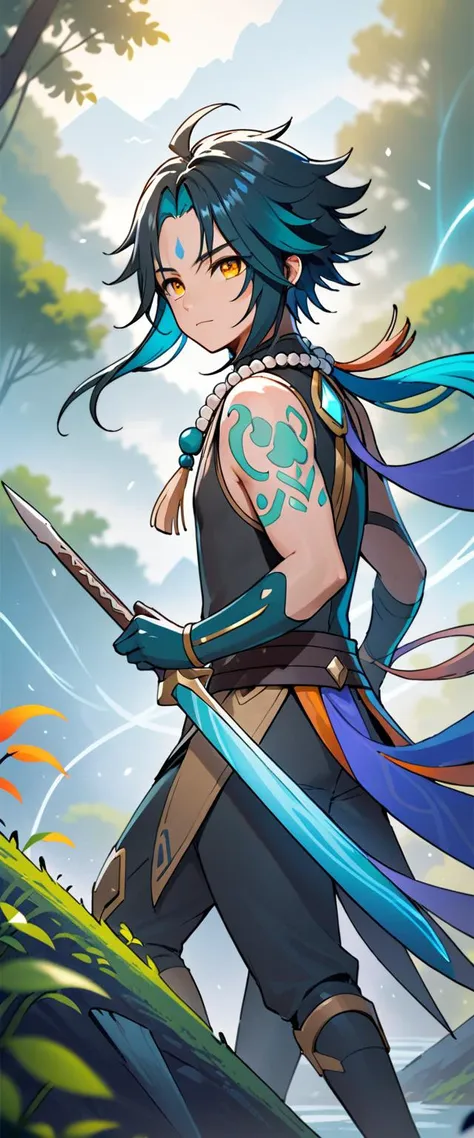 best quality, high quality, masterpiece, absurdres, incredibly detailed, UHD, impasto,
BREAK
(\xiao\),1boy,solo,male focus,jewelry,beads,bead necklace,ahoge,bangs,tassel,mystical, mask, intense combat, solitude, Liyue, mountains, mist, forest, spear, warrior, strength, determination, <lora:Xiaox_xl:0.8>,
BREAK
Xiao from Genshin Impact is depicted with his characteristic green hair and pointed ears, along with his mystical mask. His intense combat style and long solitary life are reflected in his cold expression, yet his eyes harbor deep emotions. Behind him, the mountains and mist-enshrouded forests of his homeland, Liyue, stretch out, emphasizing his mysterious and solitary nature. He is holding his powerful weapon, a spear, conveying his strength and determination as a warrior,
BREAK
rich color palette, vivid colors, natural color grading, Sophisticated Color Scheme, Saturated Colors, Complex Color Layering, Evocative Color Schemes, Luxurious Color Palette, sharp contrast, digital painting quality, Advanced Digital Techniques, cinematic quality, Dynamic Lighting, Enhanced Lighting Effects, subtle shadows, Complex Shading, Immersive Depth, Advanced Rendering, High-End Artistic Rendering, Elegant Composition, Cinematic Composition and Framing, Dynamic Lighting, Depth of Field, Depth and Perspective, dynamic angle, Gallery-Worthy Visuals, Artistic Depth and Dimension,