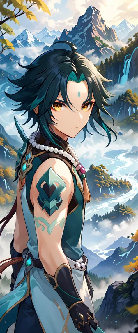 best quality, high quality, masterpiece, absurdres, incredibly detailed, UHD, cel shading,
BREAK
(\xiao\),1boy,solo,male focus,jewelry,beads,bead necklace,ahoge,bangs,tassel,mystical, mask, intense combat, solitude, Liyue, mountains, mist, forest, spear, warrior, strength, determination, <lora:Xiaox_xl:0.8>,
BREAK
Xiao from Genshin Impact is depicted with his characteristic green hair and pointed ears, along with his mystical mask. His intense combat style and long solitary life are reflected in his cold expression, yet his eyes harbor deep emotions. Behind him, the mountains and mist-enshrouded forests of his homeland, Liyue, stretch out, emphasizing his mysterious and solitary nature. He is holding his powerful weapon, a spear, conveying his strength and determination as a warrior,
BREAK
rich color palette, vivid colors, natural color grading, Sophisticated Color Scheme, Saturated Colors, Complex Color Layering, Evocative Color Schemes, Luxurious Color Palette, sharp contrast, digital painting quality, Advanced Digital Techniques, cinematic quality, Dynamic Lighting, Enhanced Lighting Effects, subtle shadows, Complex Shading, Immersive Depth, Advanced Rendering, High-End Artistic Rendering, Elegant Composition, Cinematic Composition and Framing, Dynamic Lighting, Depth of Field, Depth and Perspective, dynamic angle, Gallery-Worthy Visuals, Artistic Depth and Dimension, film grain, FujiFilm XT4, taken by Henri Cartier-Bresson, <lora:xl_more_art-full_v1:1.0>,