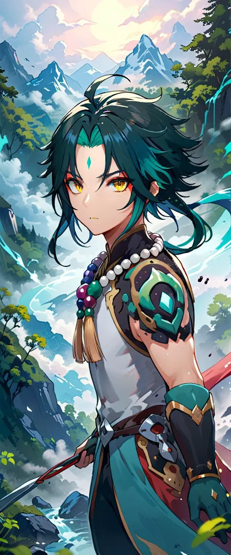 best quality, high quality, masterpiece, absurdres, incredibly detailed, UHD, flat color,
BREAK
(\xiao\),1boy,solo,male focus,jewelry,beads,bead necklace,ahoge,bangs,tassel,mystical, mask, intense combat, solitude, Liyue, mountains, mist, forest, spear, warrior, strength, determination, <lora:Xiaox_xl:0.8>,
BREAK
Xiao from Genshin Impact is depicted with his characteristic green hair and pointed ears, along with his mystical mask. His intense combat style and long solitary life are reflected in his cold expression, yet his eyes harbor deep emotions. Behind him, the mountains and mist-enshrouded forests of his homeland, Liyue, stretch out, emphasizing his mysterious and solitary nature. He is holding his powerful weapon, a spear, conveying his strength and determination as a warrior,
BREAK
rich color palette, vivid colors, natural color grading, Sophisticated Color Scheme, Saturated Colors, Complex Color Layering, Evocative Color Schemes, Luxurious Color Palette, sharp contrast, digital painting quality, Advanced Digital Techniques, cinematic quality, Dynamic Lighting, Enhanced Lighting Effects, subtle shadows, Complex Shading, Immersive Depth, Advanced Rendering, High-End Artistic Rendering, Elegant Composition, Cinematic Composition and Framing, Dynamic Lighting, Depth of Field, Depth and Perspective, dynamic angle, Gallery-Worthy Visuals, Artistic Depth and Dimension, film grain, FujiFilm XT4, taken by Massimo Vitali, <lora:xl_more_art-full_v1:1.0>,