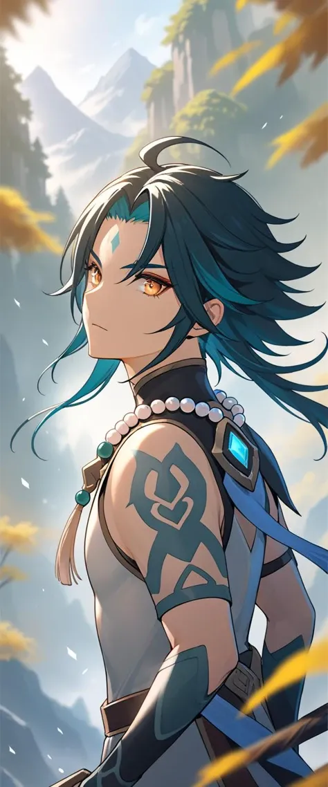best quality, high quality, masterpiece, absurdres, incredibly detailed, UHD, cel shading,
BREAK
(\xiao\),1boy,solo,male focus,jewelry,beads,bead necklace,ahoge,bangs,tassel,mystical, mask, intense combat, solitude, Liyue, mountains, mist, forest, spear, warrior, strength, determination, <lora:Xiaox_xl:0.8>,
BREAK
Xiao from Genshin Impact is depicted with his characteristic green hair and pointed ears, along with his mystical mask. His intense combat style and long solitary life are reflected in his cold expression, yet his eyes harbor deep emotions. Behind him, the mountains and mist-enshrouded forests of his homeland, Liyue, stretch out, emphasizing his mysterious and solitary nature. He is holding his powerful weapon, a spear, conveying his strength and determination as a warrior,
BREAK
rich color palette, vivid colors, natural color grading, Sophisticated Color Scheme, Saturated Colors, Complex Color Layering, Evocative Color Schemes, Luxurious Color Palette, sharp contrast, digital painting quality, Advanced Digital Techniques, cinematic quality, Dynamic Lighting, Enhanced Lighting Effects, subtle shadows, Complex Shading, Immersive Depth, Advanced Rendering, High-End Artistic Rendering, Elegant Composition, Cinematic Composition and Framing, Dynamic Lighting, Depth of Field, Depth and Perspective, dynamic angle, Gallery-Worthy Visuals, Artistic Depth and Dimension,